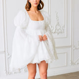 White feathery Fairy Puff Dress with long sleeves and square neckline for a dreamy look