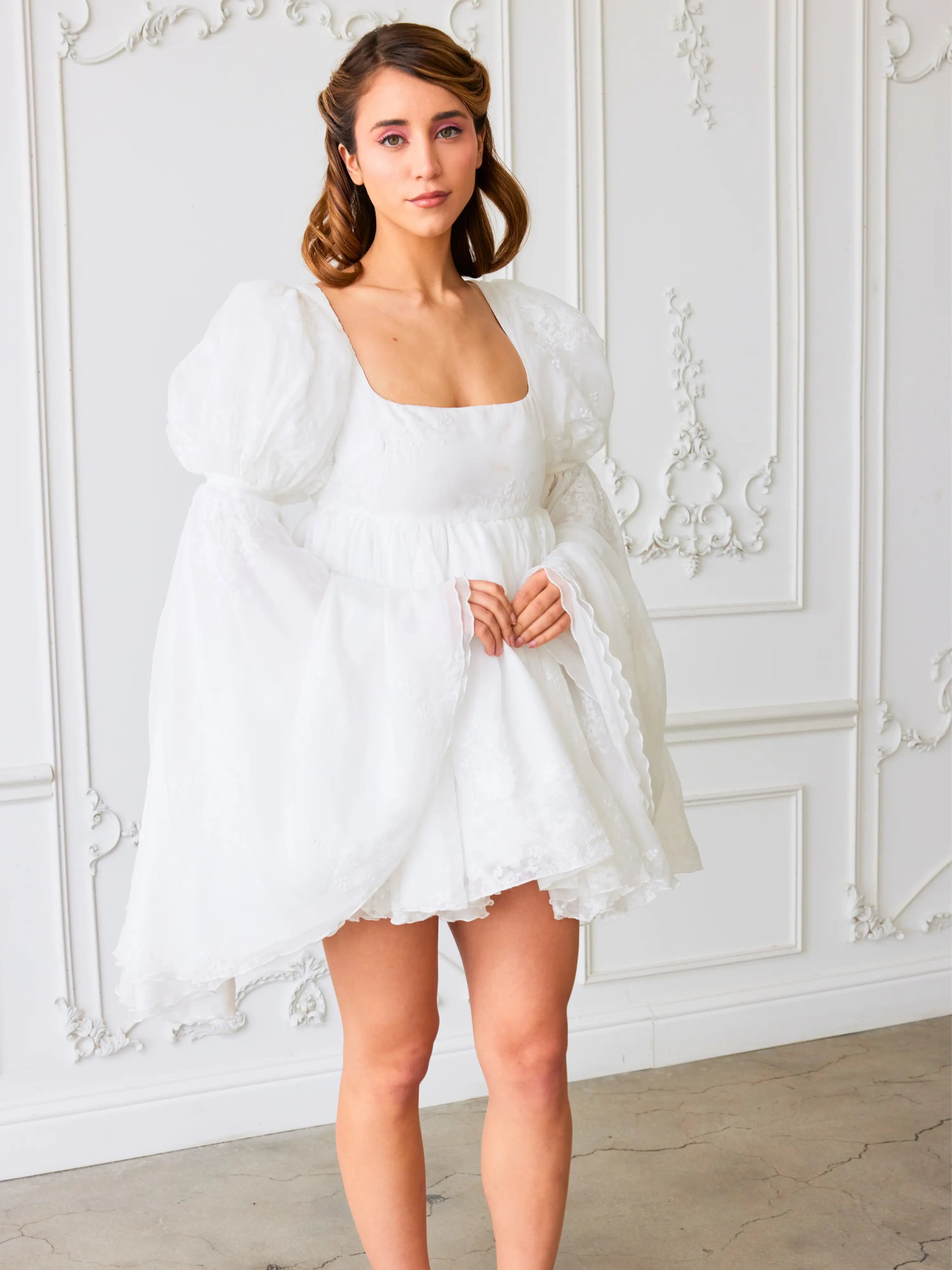 White feathery Fairy Puff Dress with long sleeves and square neckline for a dreamy look