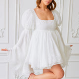 White lace mini dress with puff sleeves and square neckline, The Ivory Fairy Puff Dress