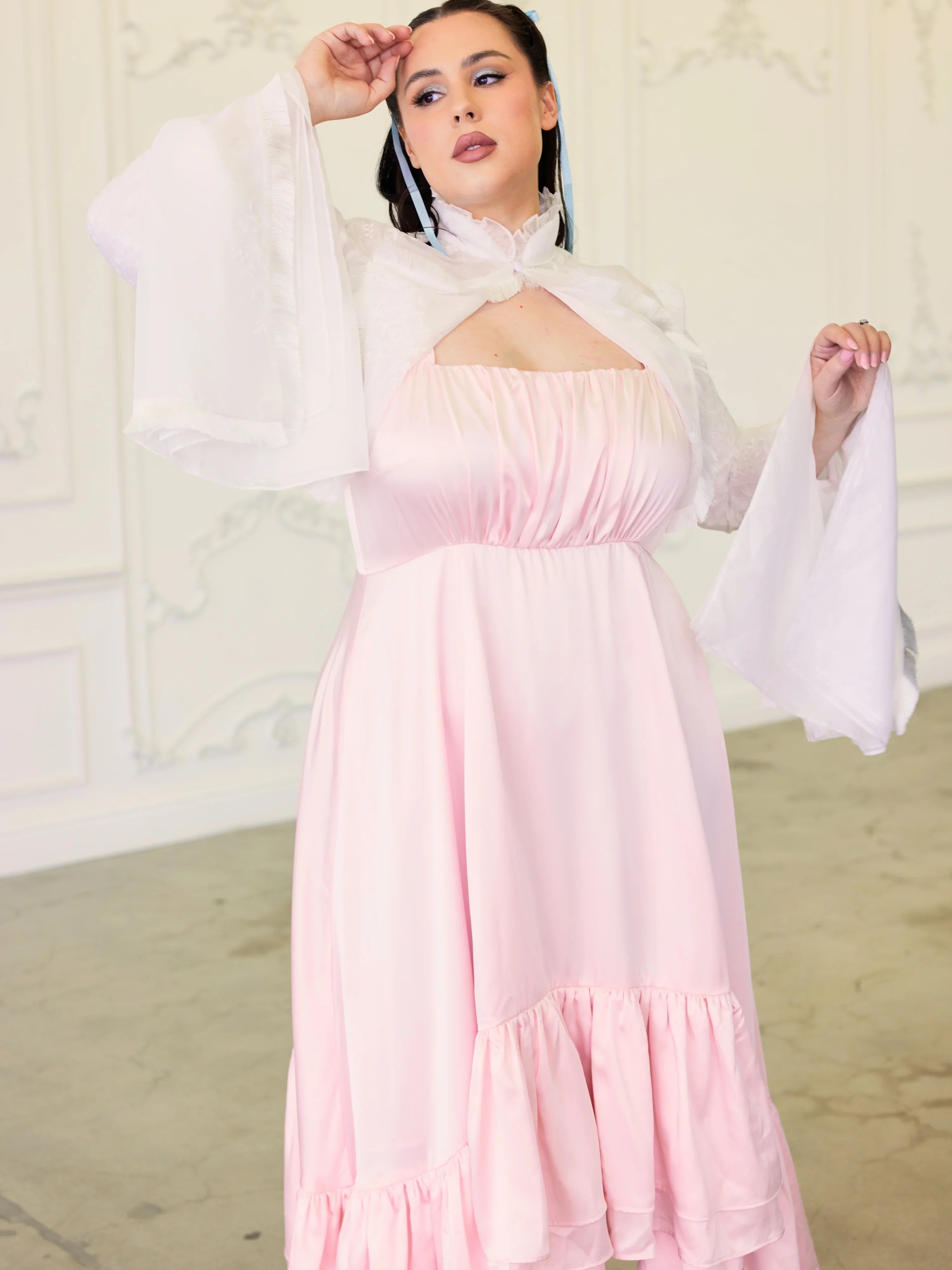 Pink dress with white ruffled collar and flared sleeves paired with Lady Elizabeth Bolero