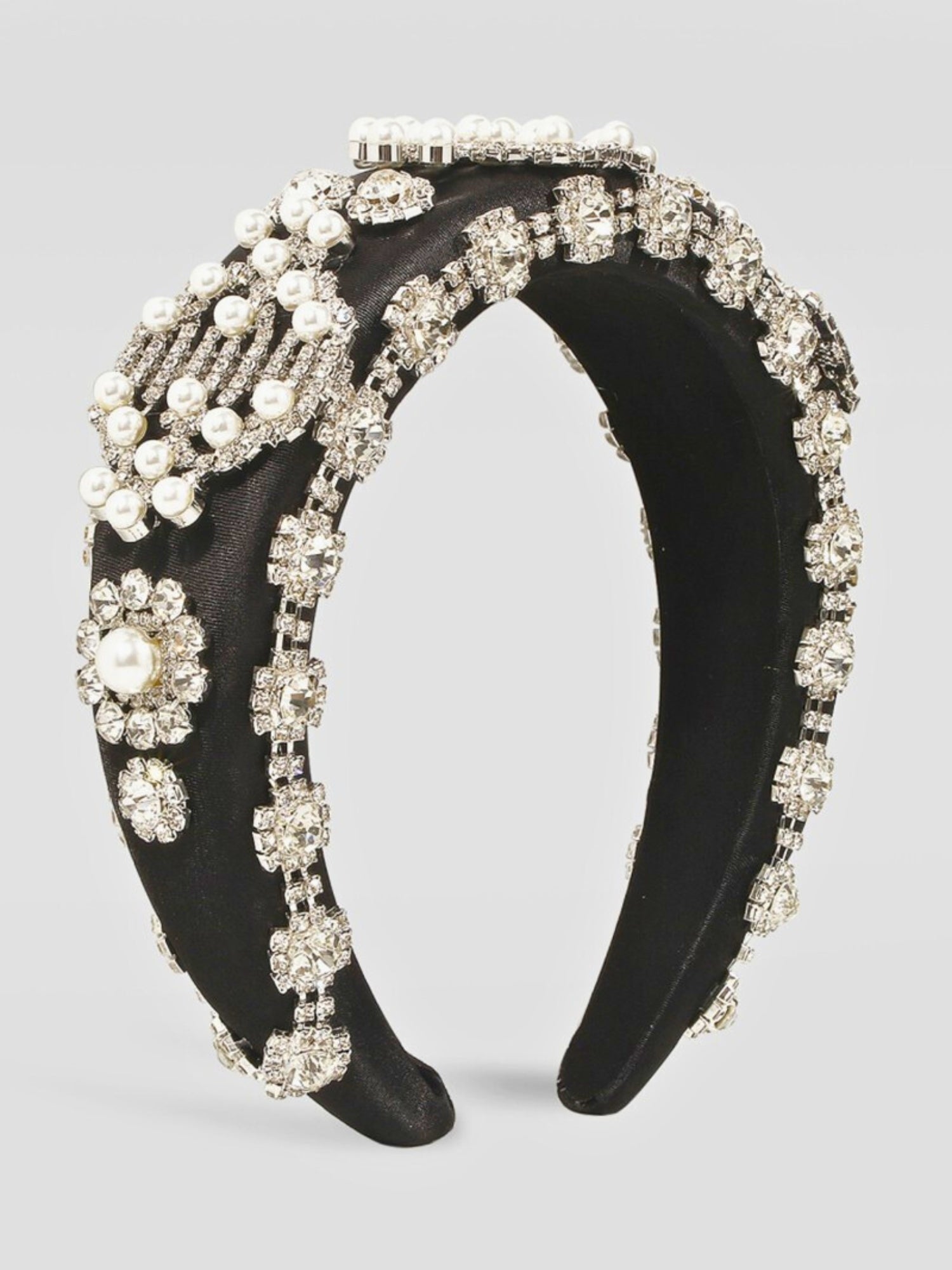 Ornate black Ivory Pearl headband with intricate crystal floral designs