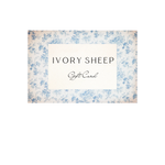Ivory Sheep Digital Gift Card with elegant blue floral background, ideal fashion gift available in $25-$1000 denominations.