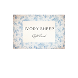 Ivory Sheep Digital Gift Card with elegant blue floral background, ideal fashion gift available in $25-$1000 denominations.