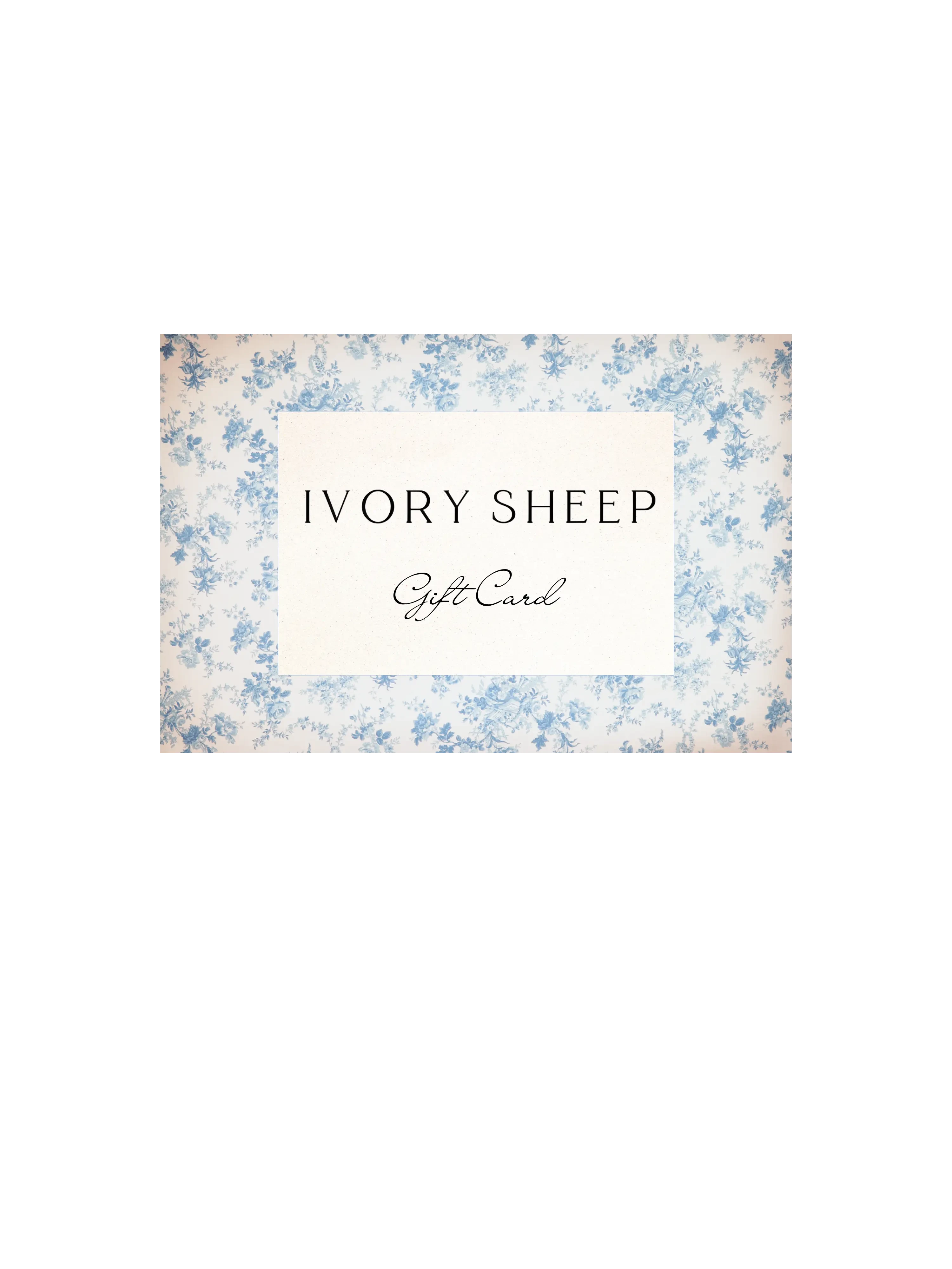 Ivory Sheep Digital Gift Card with elegant blue floral background, ideal fashion gift available in $25-$1000 denominations.