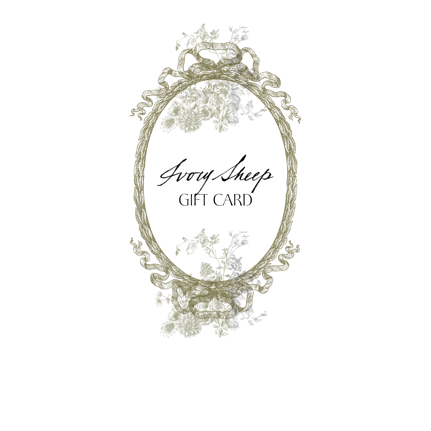 Ivory Sheep gift card with ornate gold borders and florals.