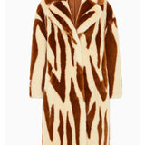 Fur coat featuring a brown and cream zebra-like pattern, Katie Faux Fur Chestnut Tiger Duster