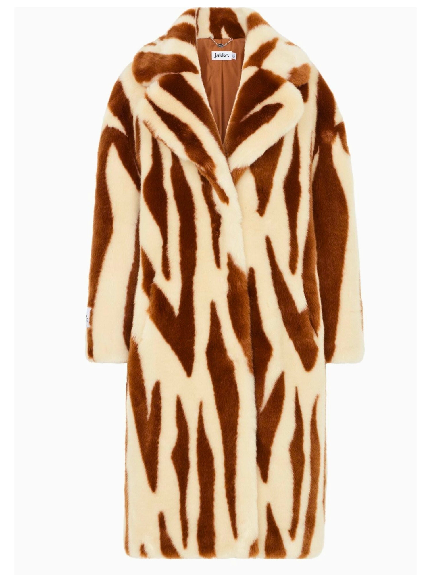 Fur coat featuring a brown and cream zebra-like pattern, Katie Faux Fur Chestnut Tiger Duster