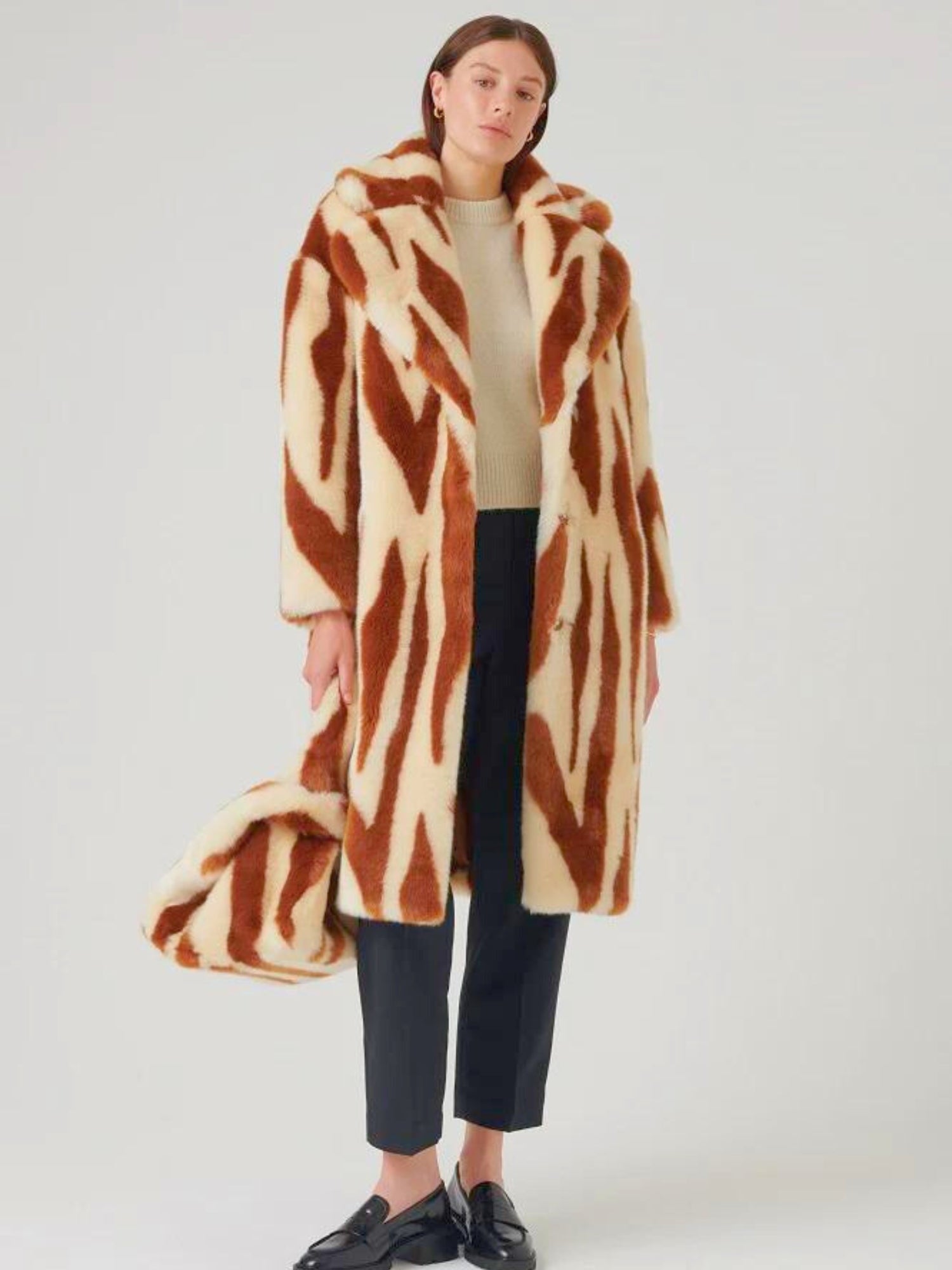 Fluffy Katie Faux Fur Chestnut Tiger Duster Coat with bold zebra pattern