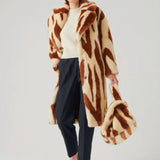 Katie Faux Fur Chestnut Tiger Duster Coat featuring a plush brown and cream abstract pattern