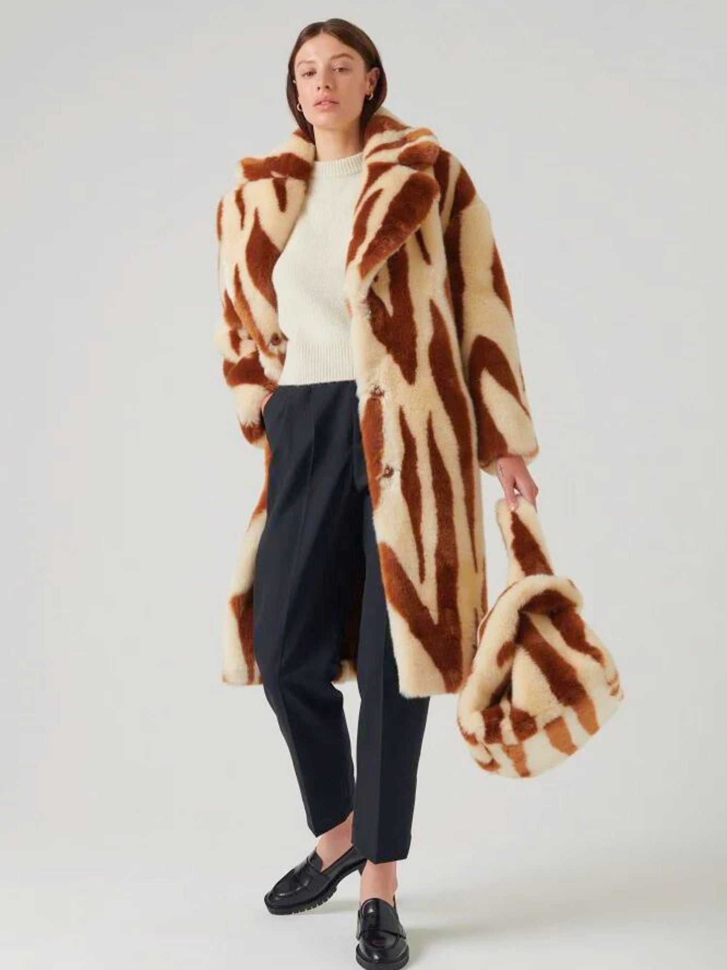 Katie Faux Fur Chestnut Tiger Duster Coat featuring a plush brown and cream abstract pattern