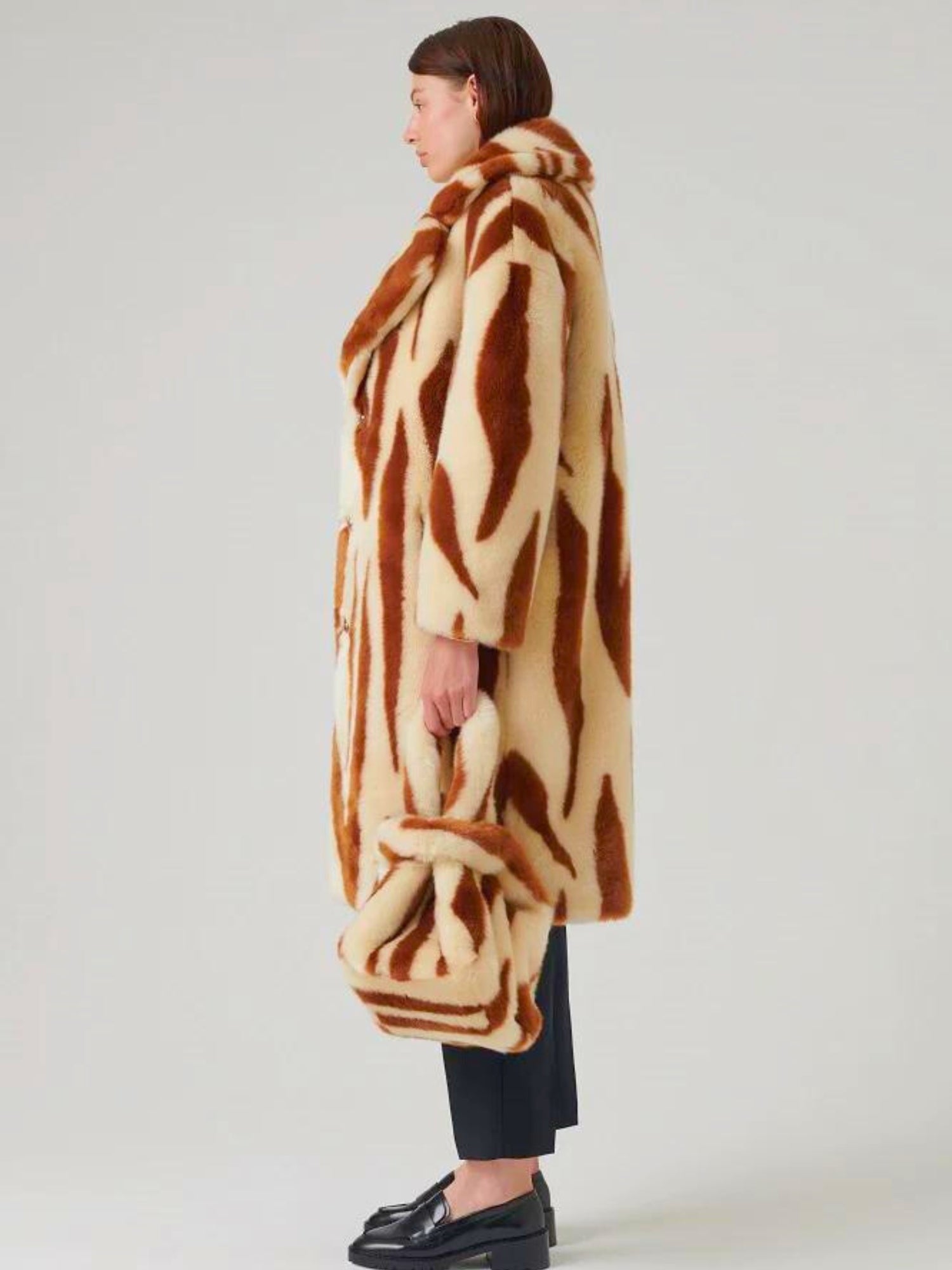 Katie Faux Fur Chestnut Tiger Duster Coat featuring bold orange and cream tiger stripes