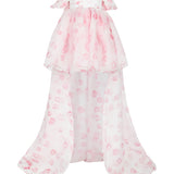 Delicate off-shoulder white dress with pink floral pattern, Kiss on the Lips Runway Puff Dress