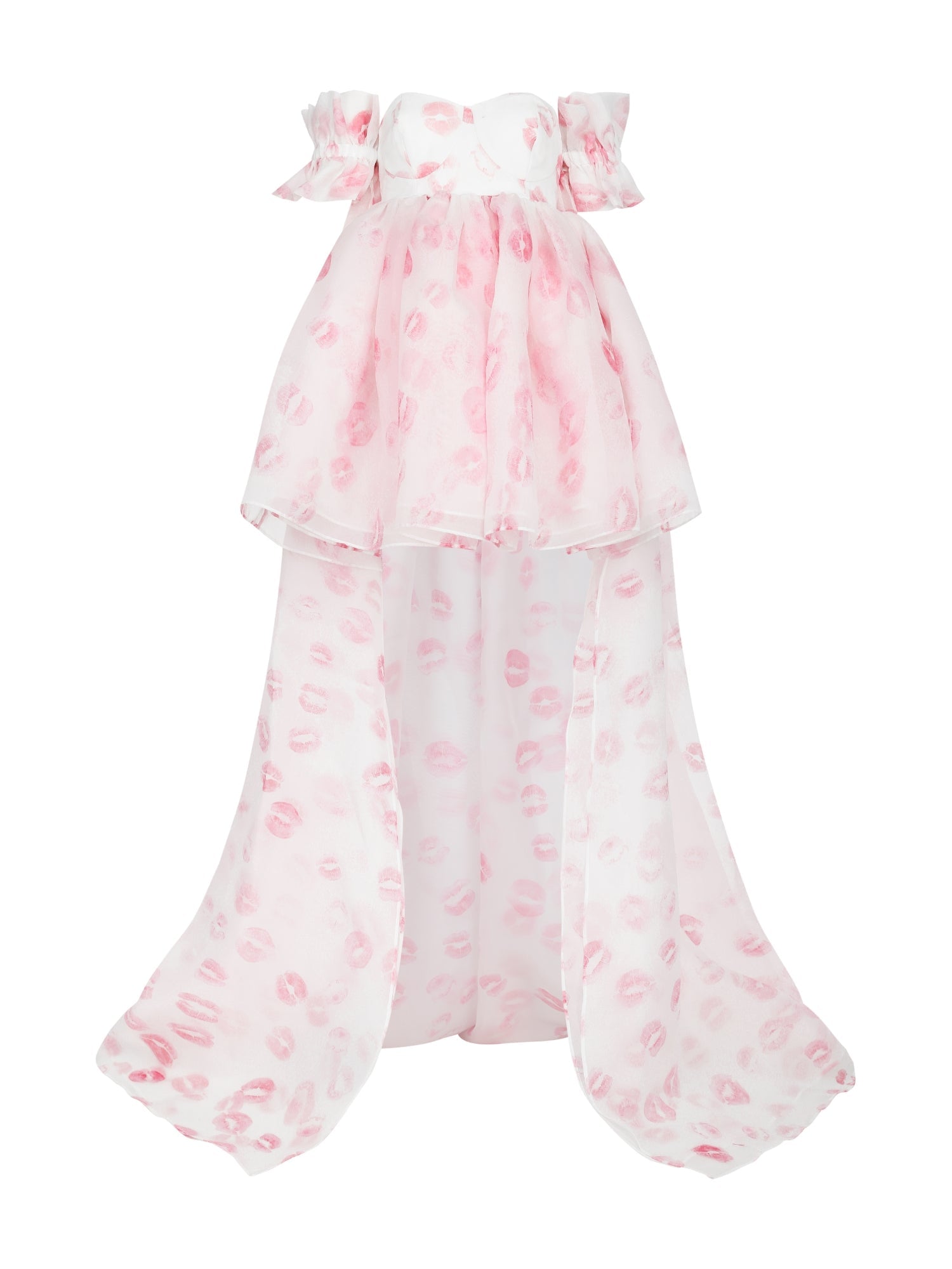 Delicate off-shoulder white dress with pink floral pattern, Kiss on the Lips Runway Puff Dress