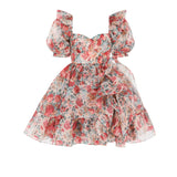 Floral puff-sleeve mini Bebe Bloom dress with ruffled tiers and sweetheart neckline