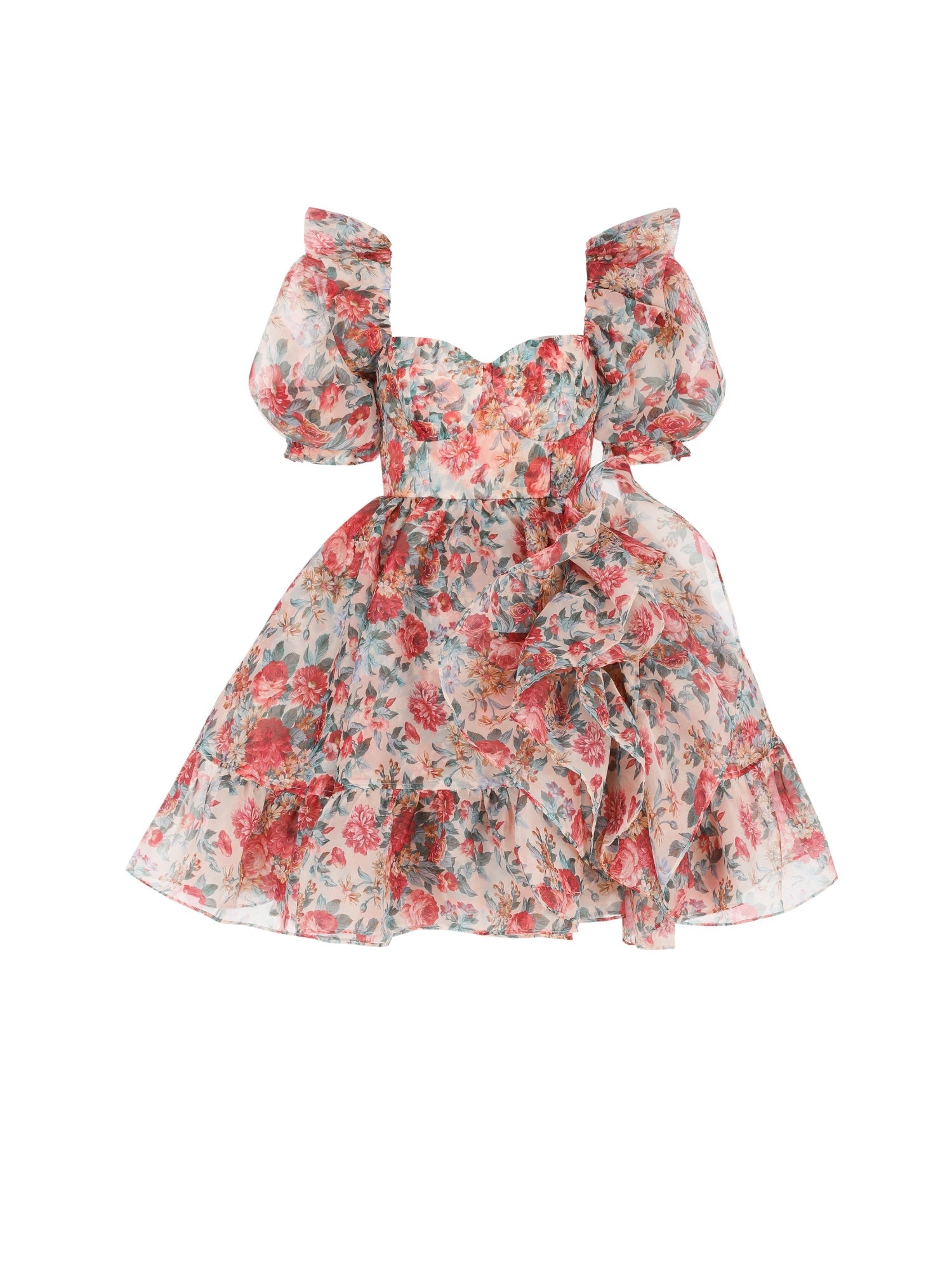 Floral puff-sleeve mini Bebe Bloom dress with ruffled tiers and sweetheart neckline