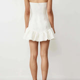 White strapless mini dress with ruffled hem, perfect for any occasion, The Lia Mini Dress