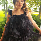 Ruffled black Feather Mini Dress featuring layered fabric details and a chic design