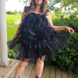 Ruffled black tulle Light As A Feather Mini Dress with spaghetti straps and voluminous skirt