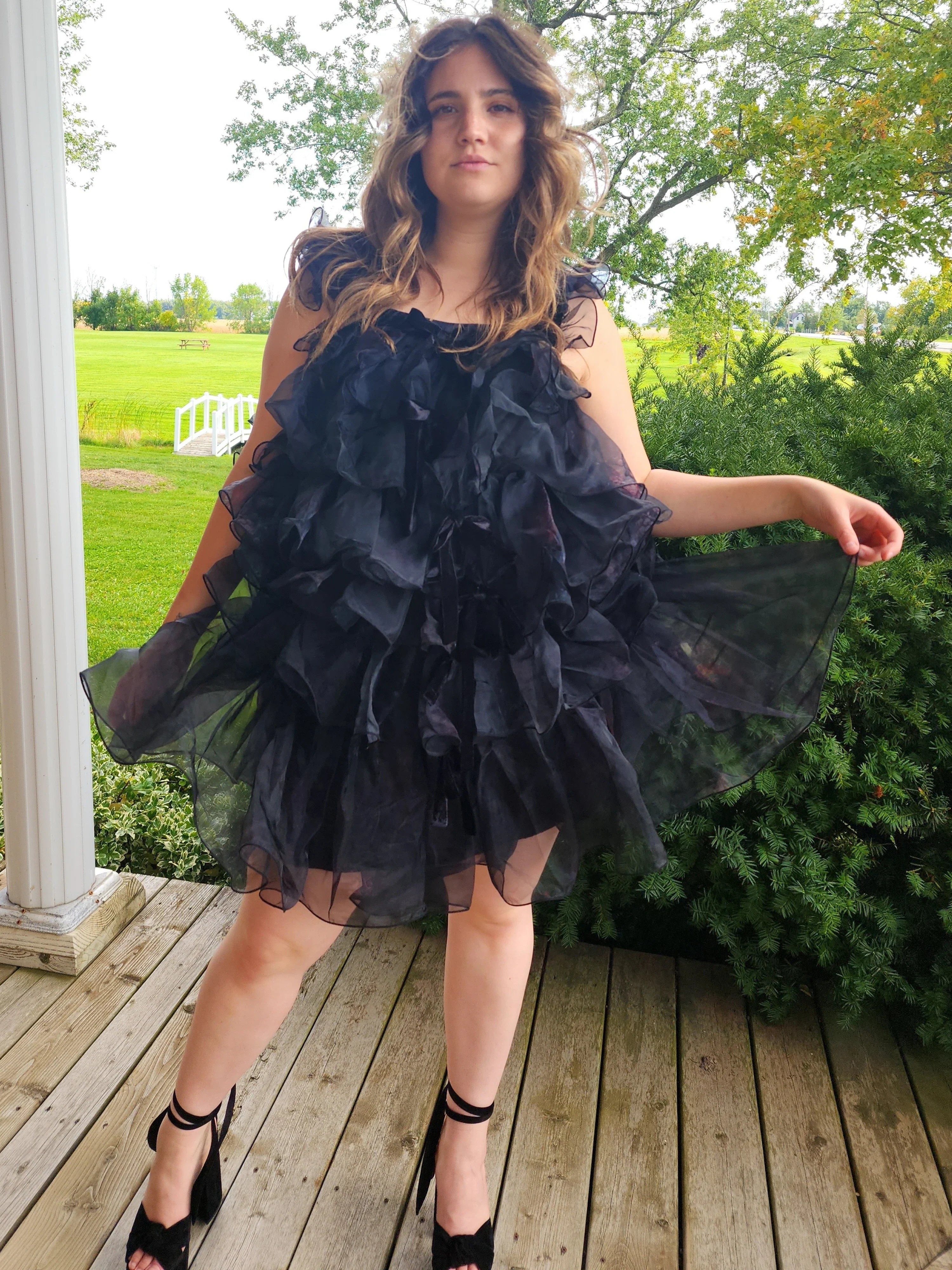 Ruffled black tulle Light As A Feather Mini Dress with spaghetti straps and voluminous skirt