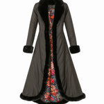 Long black coat with floral lining on a white background