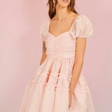 Pale pink Lillia Ruffle Mini Dress featuring frilly puff sleeves and gathered bodice