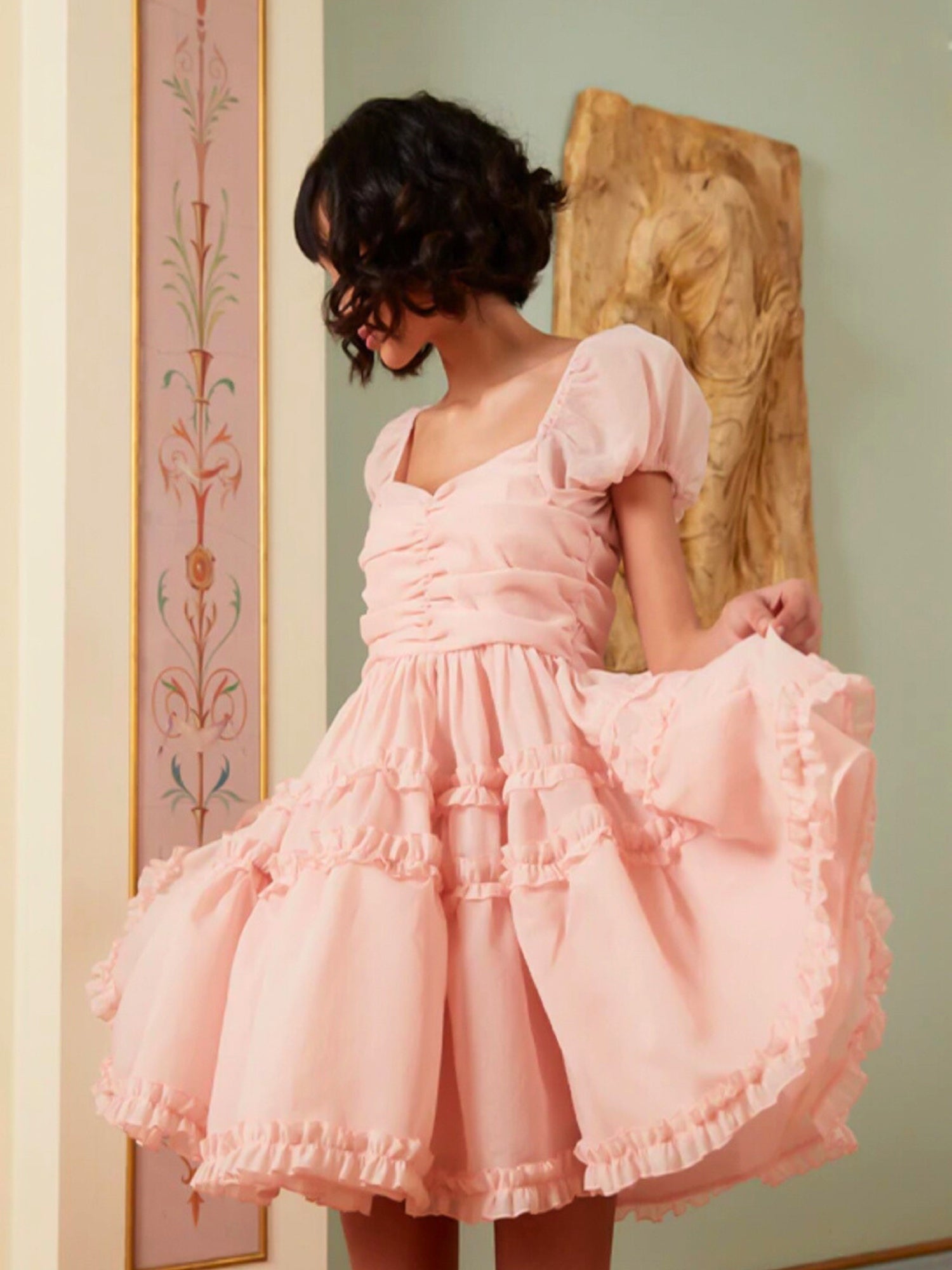 Pink Lillia Ruffle Mini Dress featuring short sleeves and a full skirt