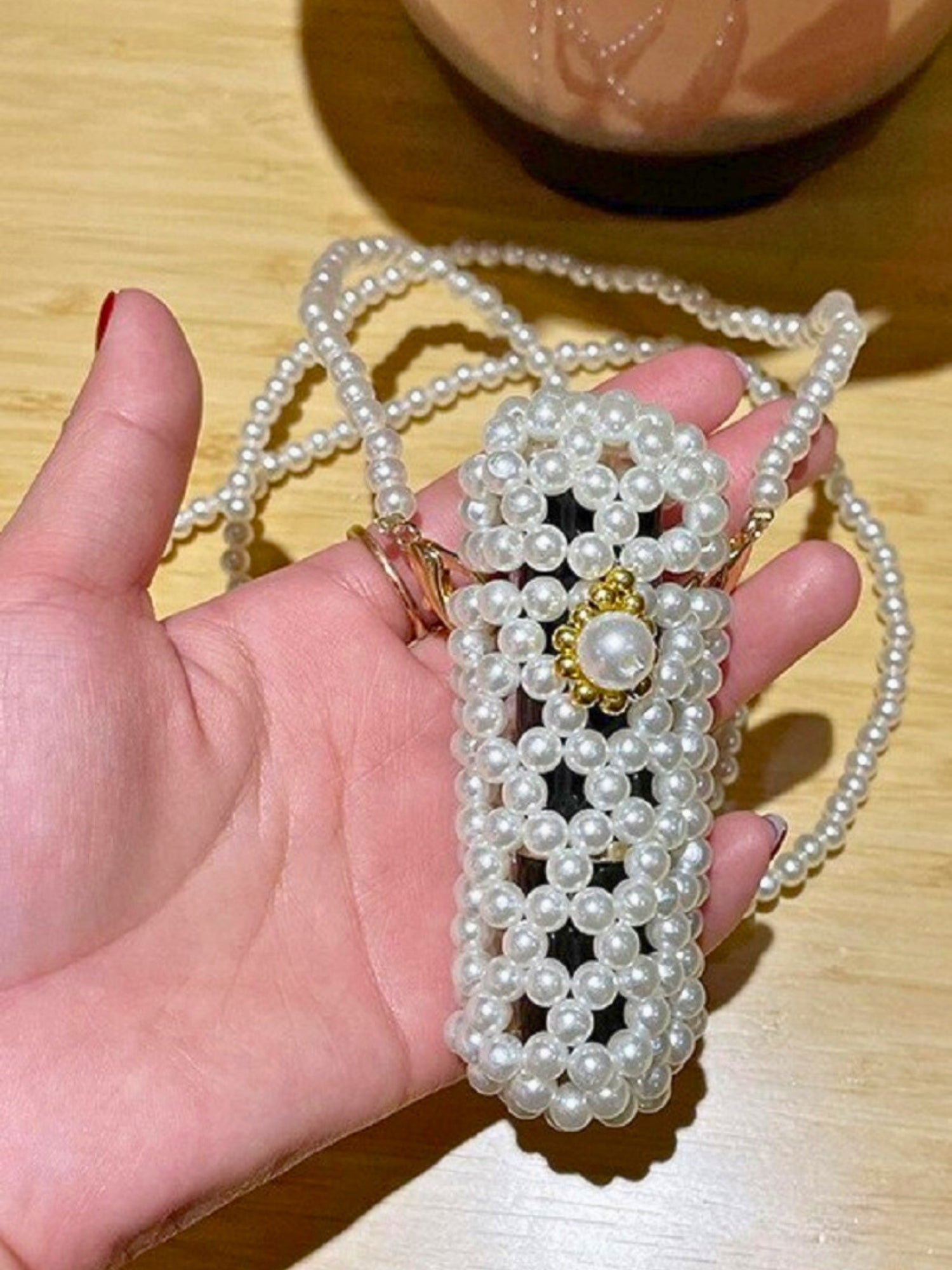 Pearl-beaded owl-shaped lipstick holder with necklace strap, the cutest accessory for any gown