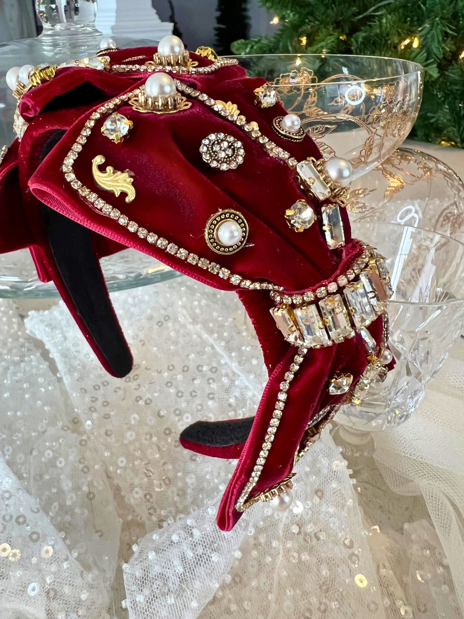 Ornate red velvet Blair Headband boasts exquisite details with pearls and jeweled embellishments