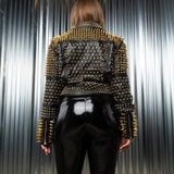 Person wearing The Lucifer Gold Studded Jacket with gold and silver metallic embellishments