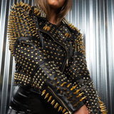 Studded black leather Lucifer Gold Studded Jacket with gold spikes on shoulders and arms