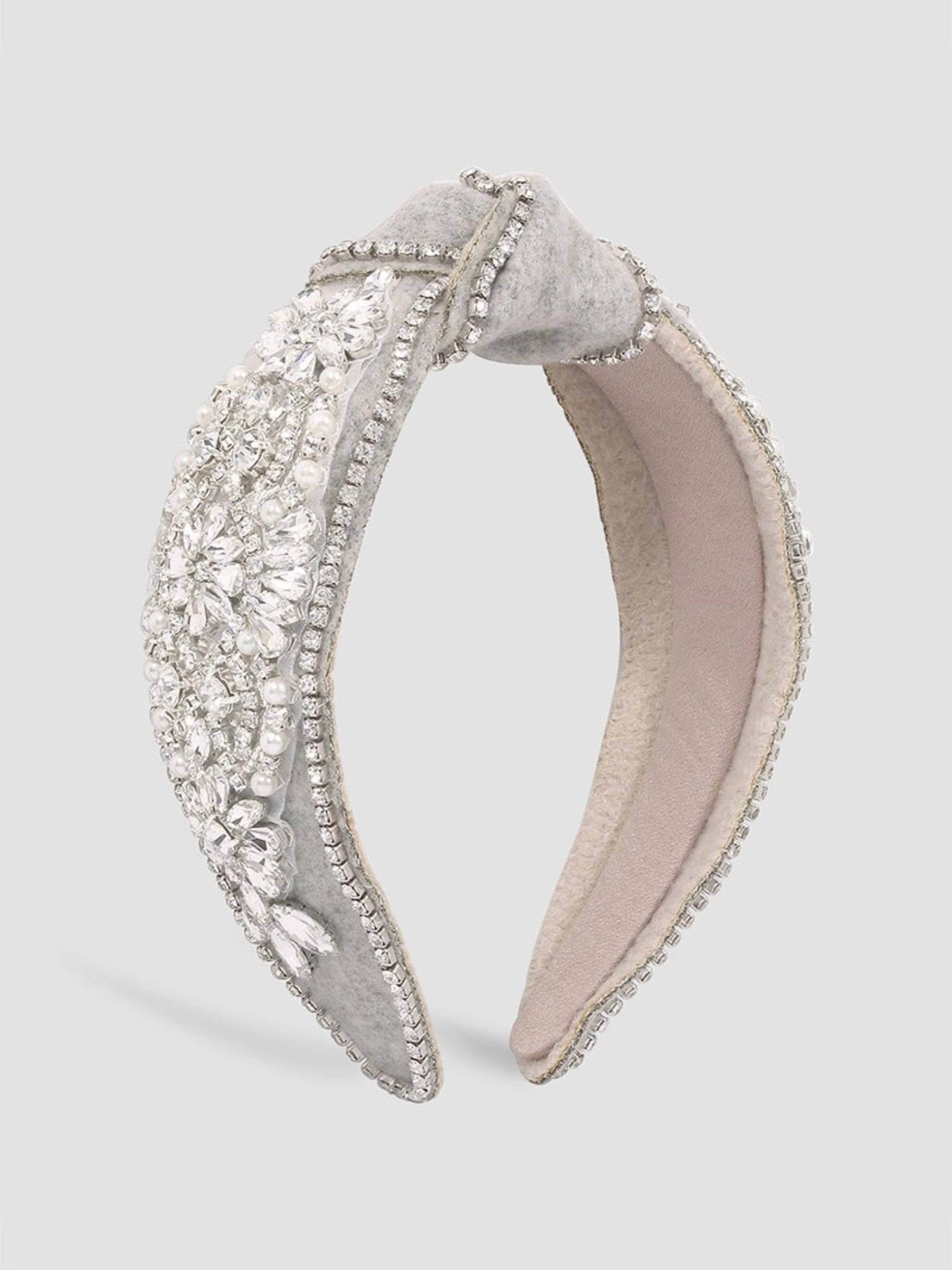Ornate Tweed Headband adorned with pearls and crystals on light fabric base.