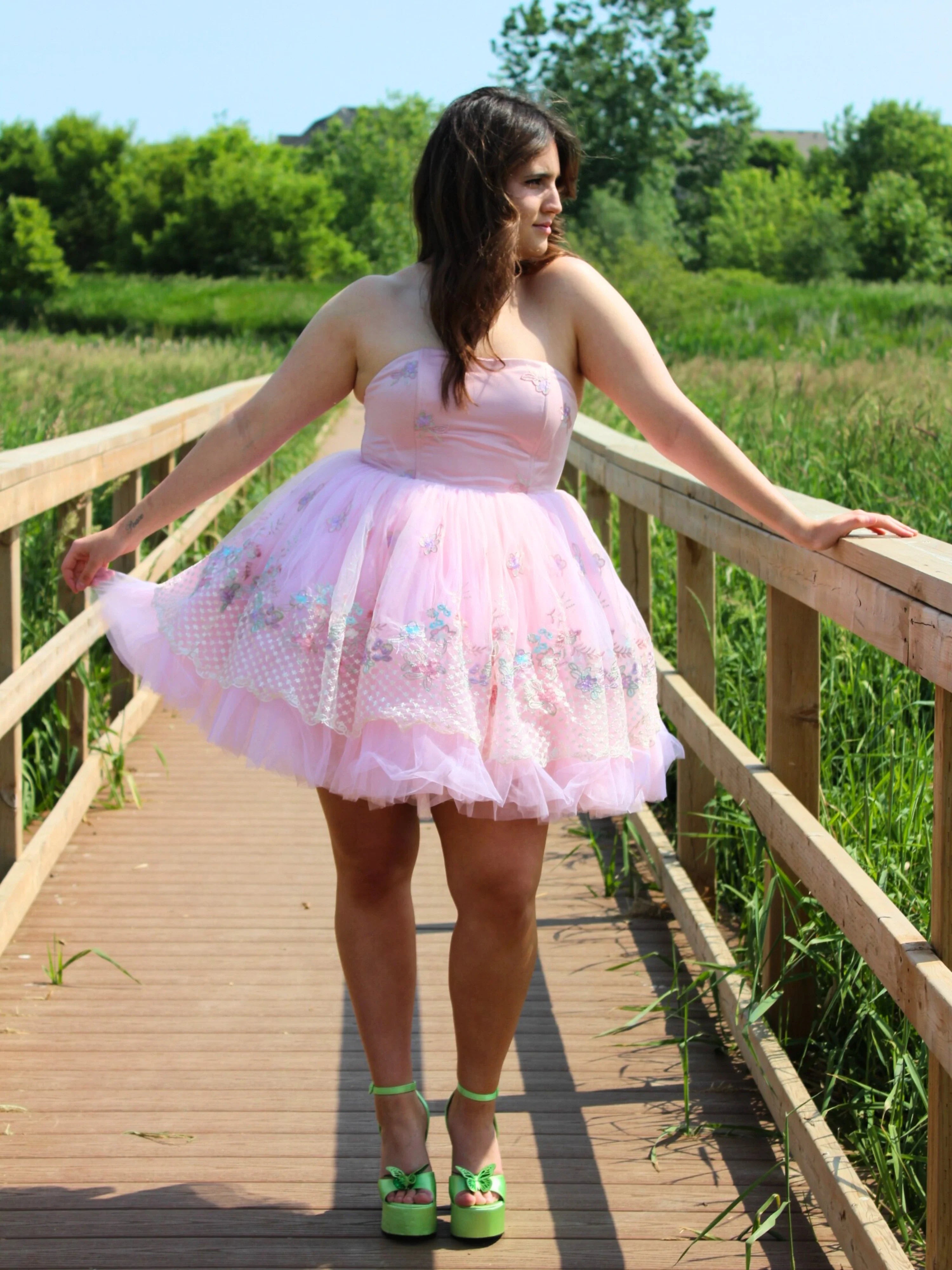 Pink strapless tulle dress adorned with floral embellishments, perfect Magnolia Fairy Puff