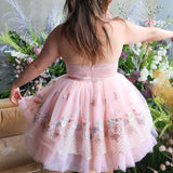 Pink tulle Magnolia Fairy Puff Dress with floral embroidery and fitted bodice