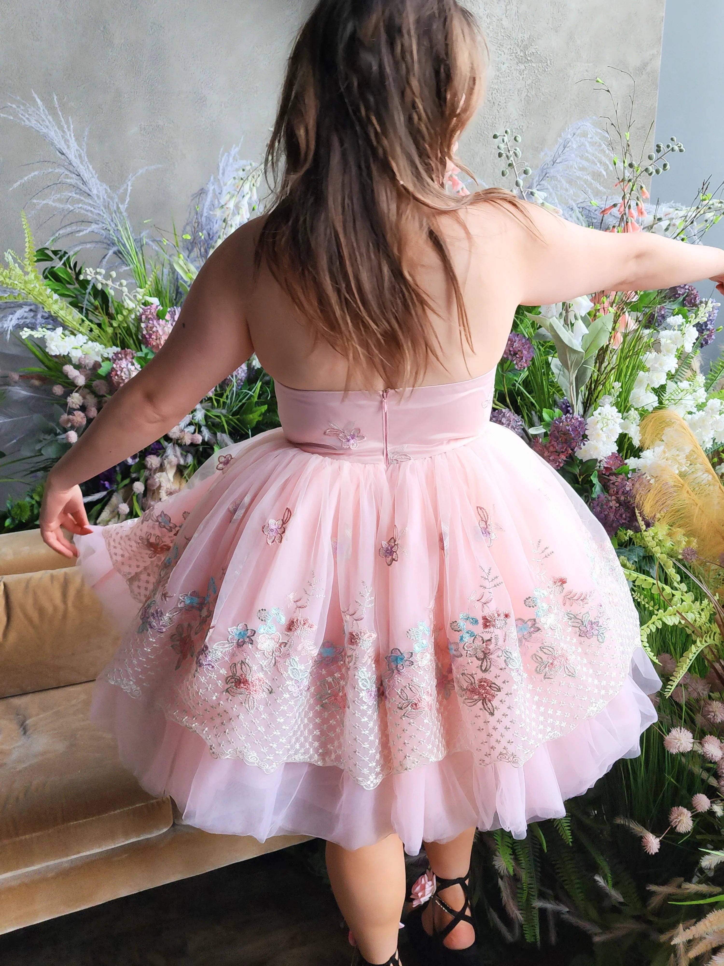 Pink tulle Magnolia Fairy Puff Dress with floral embroidery and fitted bodice