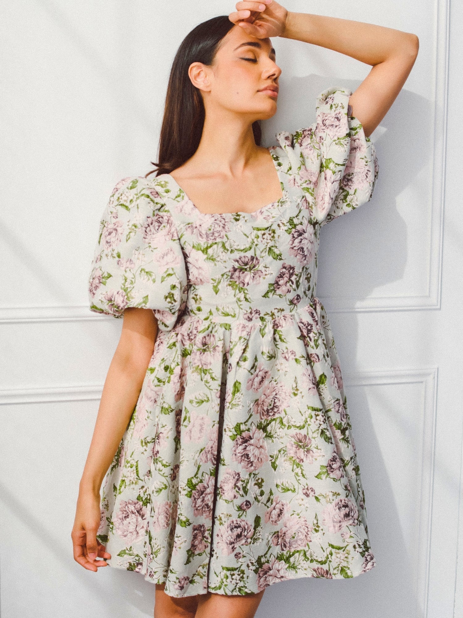 Floral print Meadow Tapestry Mini Dress with puff sleeves and fitted bodice