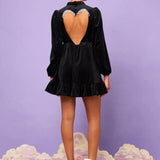 Black velvet dress featuring a heart-shaped open back and long sleeves, Midnight Velvet Mini