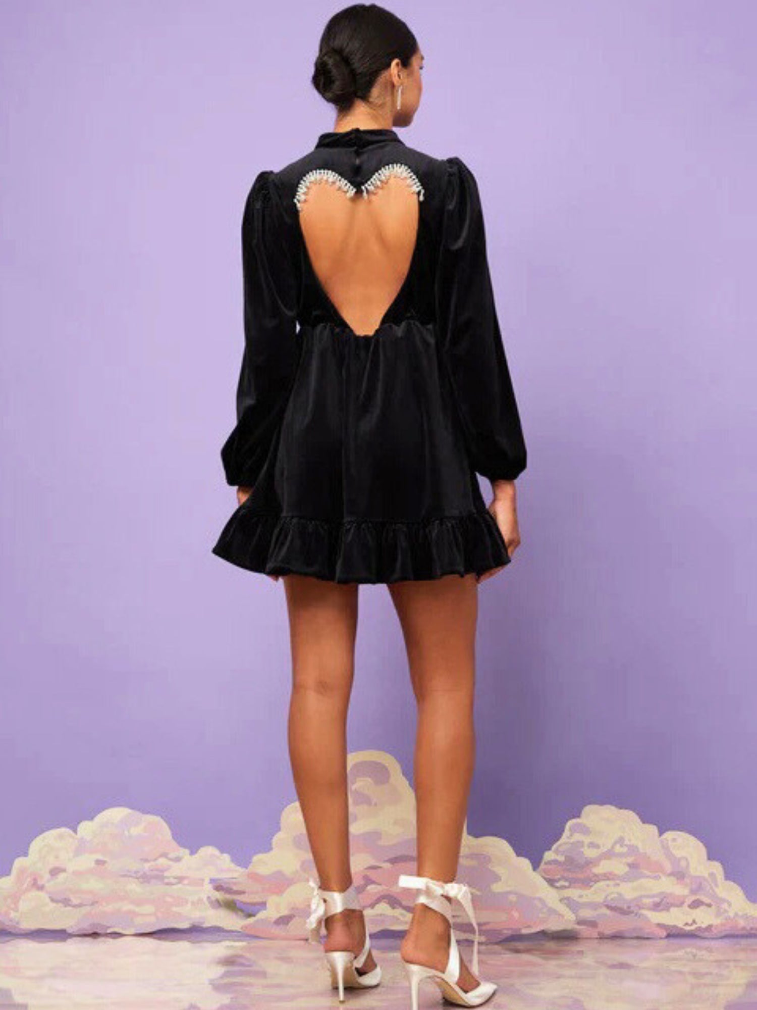 Black velvet dress featuring a heart-shaped open back and long sleeves, Midnight Velvet Mini