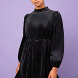 Sweetest black velvet dress with puffed sleeves and ruffled hem, Midnight Velvet Mini