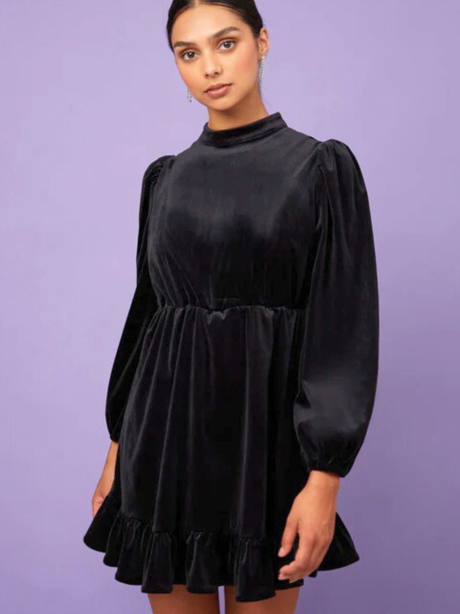 Sweetest black velvet dress with puffed sleeves and ruffled hem, Midnight Velvet Mini