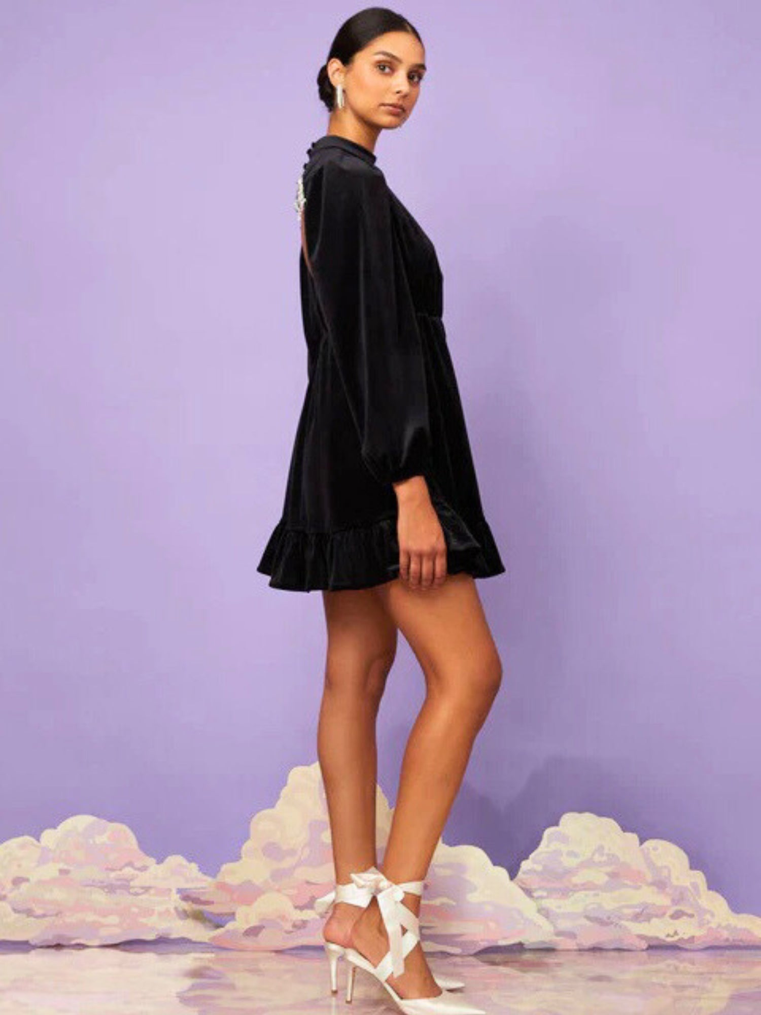 Black long-sleeved Midnight Velvet Mini Dress with ruffled hem in sweetest black velvet