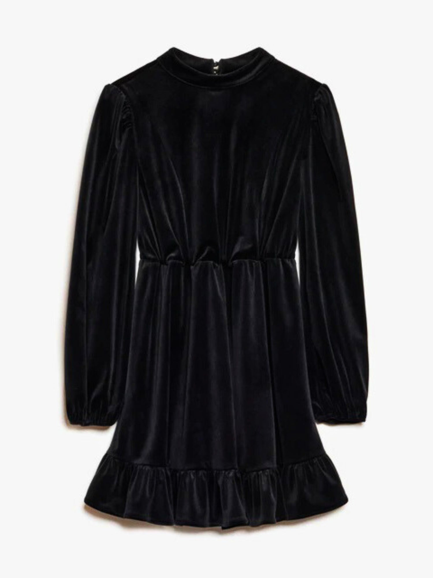 Midnight Velvet Mini Dress featuring sweetest black velvet with gathered waist and ruffled hem