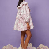 Floral print mini dress with voluminous sleeves, part of the Misty Jacquard Bow collection