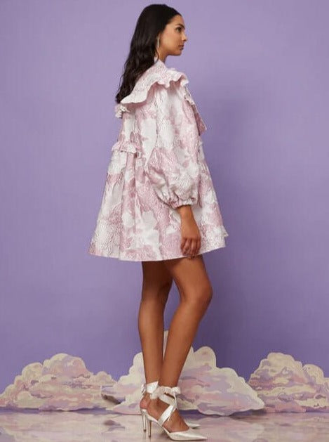 Floral print mini dress with voluminous sleeves, part of the Misty Jacquard Bow collection