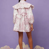 Frilly pink and white floral Jacquard Bow Dress with ruffled collar and puffed sleeves