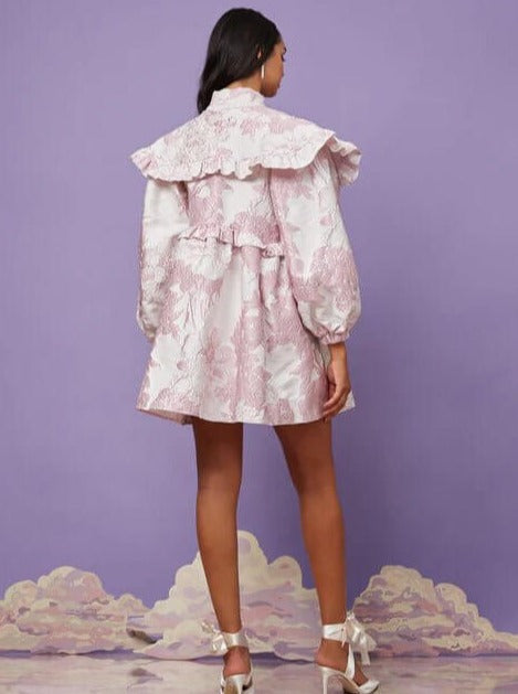 Frilly pink and white floral Jacquard Bow Dress with ruffled collar and puffed sleeves