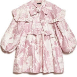 Pink and white floral blouse with ruffles and puffy sleeves for Misty Jacquard Bow Dress