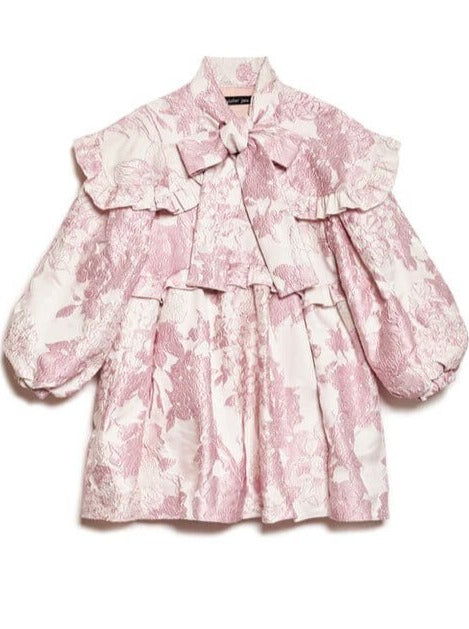 Pink and white floral blouse with ruffles and puffy sleeves for Misty Jacquard Bow Dress