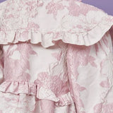 Ruffled pink and white floral Misty Jacquard Bow Dress with a stylish collar