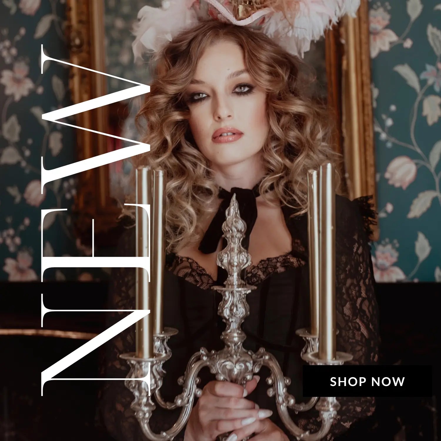 Woman holding a silver candelabra with decorative background and 'Shop Now' text.