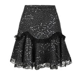 Black ruffled Boleyn skirt with silver star pattern and lace trim for a stylish night